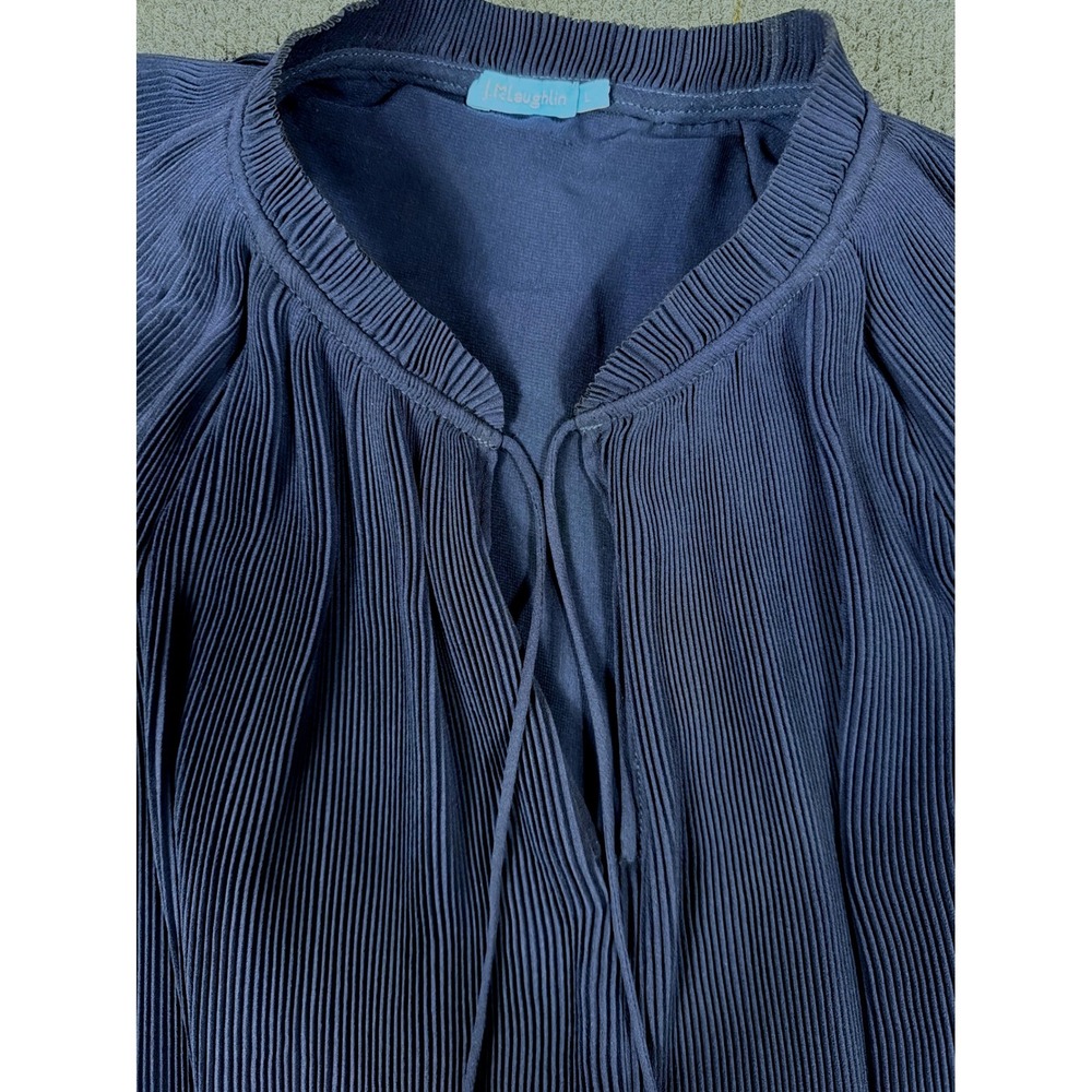 J.McLaughlin Navy Blue Pleated Midi Dress Flutter Sleeve V-Neck Tie Large - Picture 3 of 7